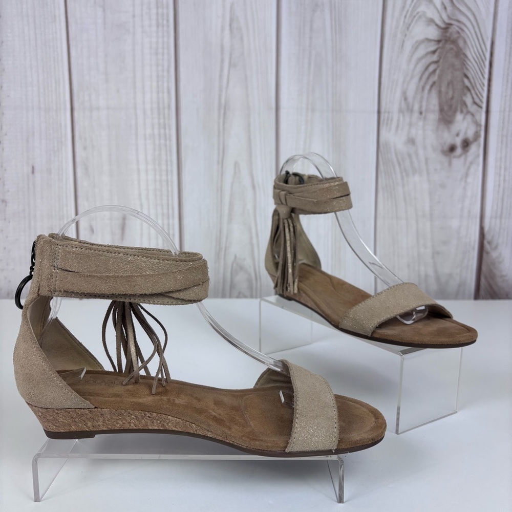 Koolaburra by Ugg Frosted Suede Leather Sandals Tassel Wedge Shoes Tan Size 7.5 - Picture 2 of 14